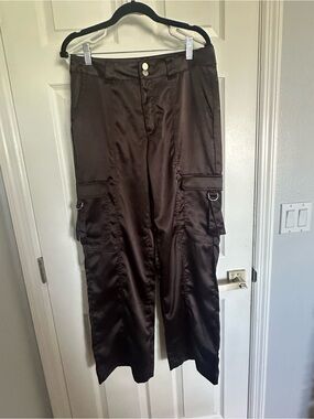 Love, Life Dark Brown Satin Straight-Leg Cargo Pants